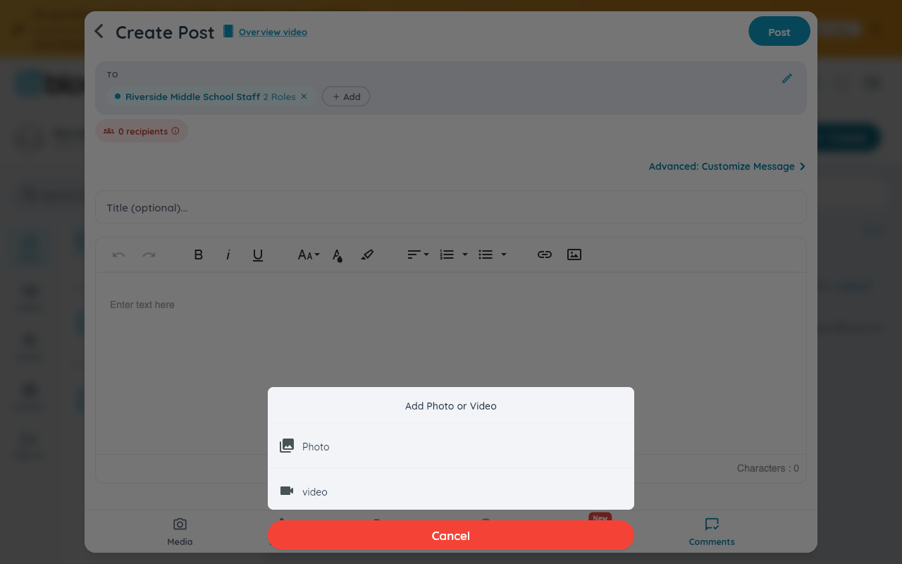 The composer's Add Photo or Video menu, with Photo and video options