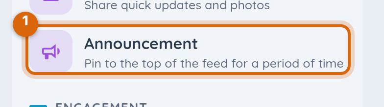 The Create menu open, with the Announcement option marked under Communicate