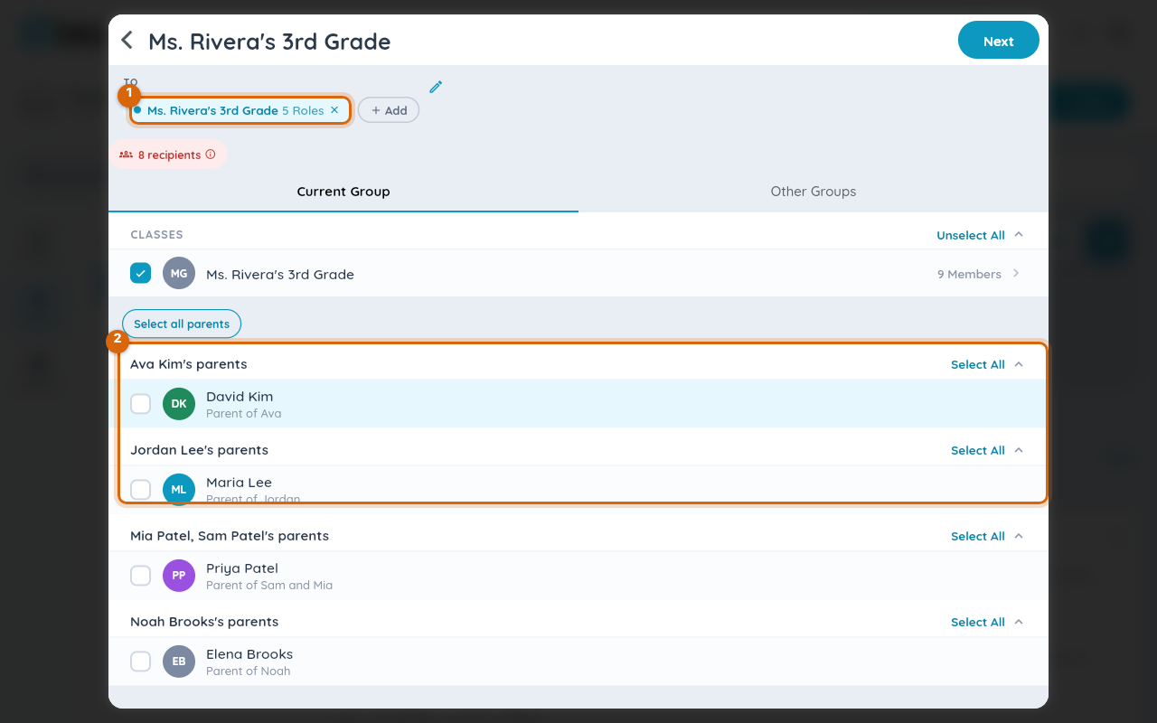 The announcement recipient picker with a class selected and the roles and individual-people sections marked