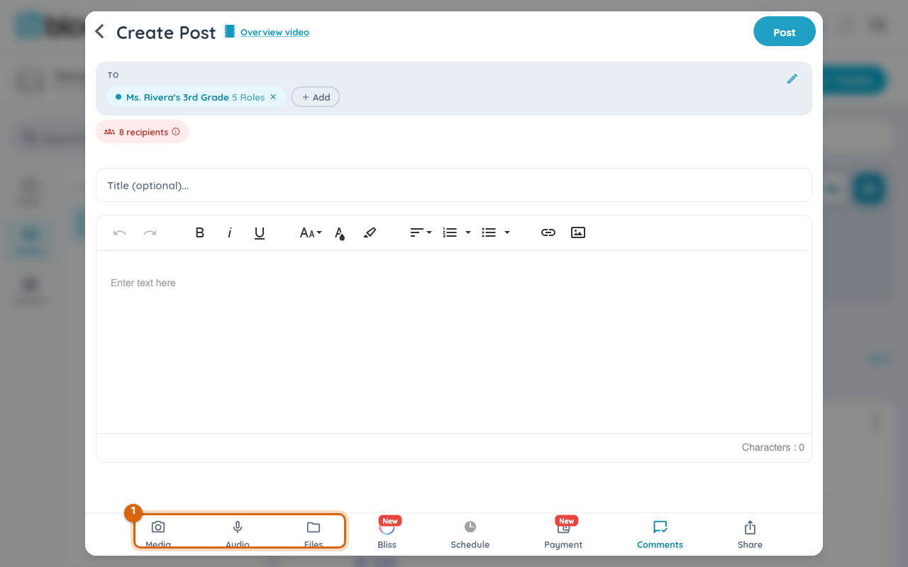The post composer with the Media, Audio and Files icons in the bottom toolbar marked