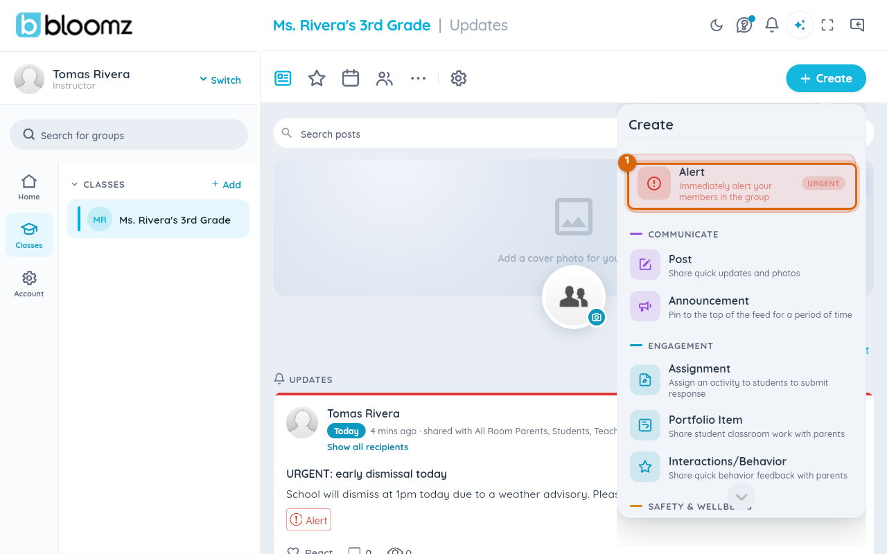 The Create menu with the Alert option marked, tagged URGENT, above the Communicate section