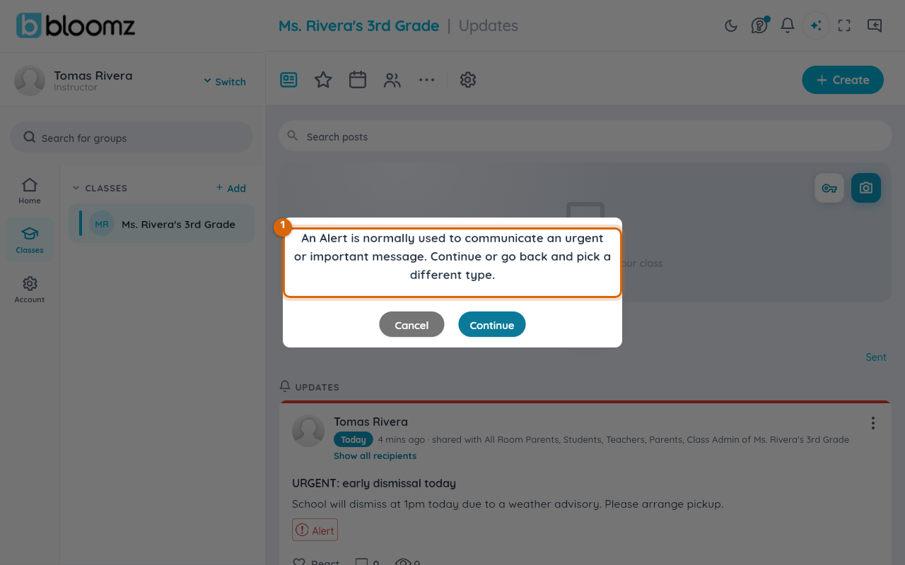 The warning dialog explaining that an Alert is normally used for an urgent or important message