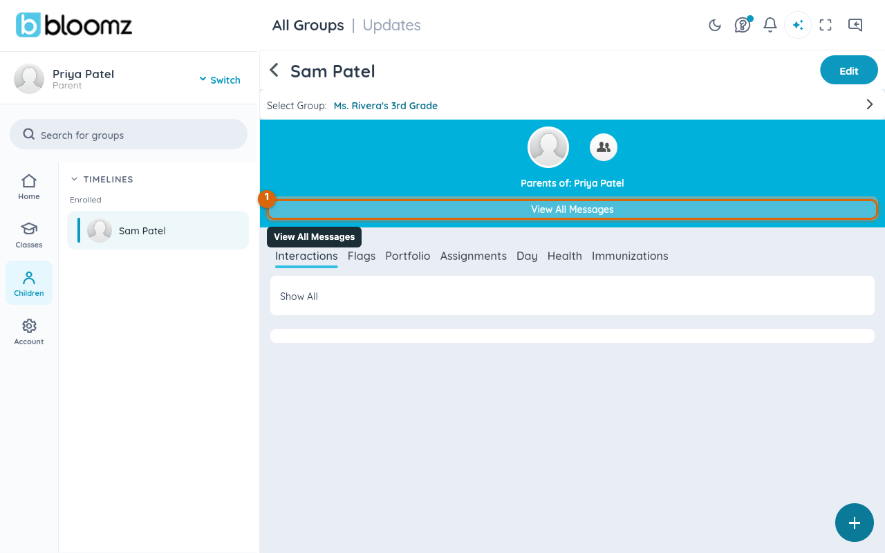 A parent's view of their child's profile, with the View All Messages button among the actions