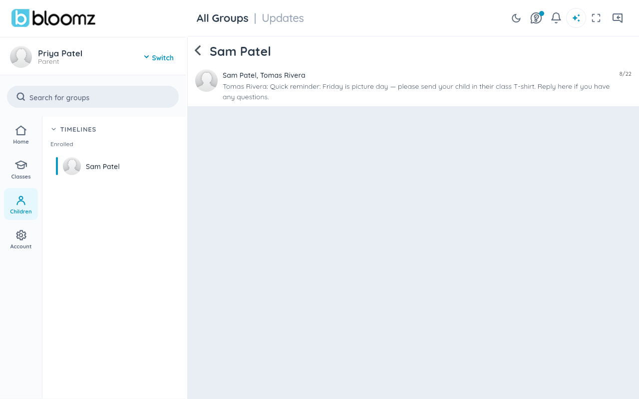 The list of the child's conversations, each with avatar, title, last message, date and unread badge