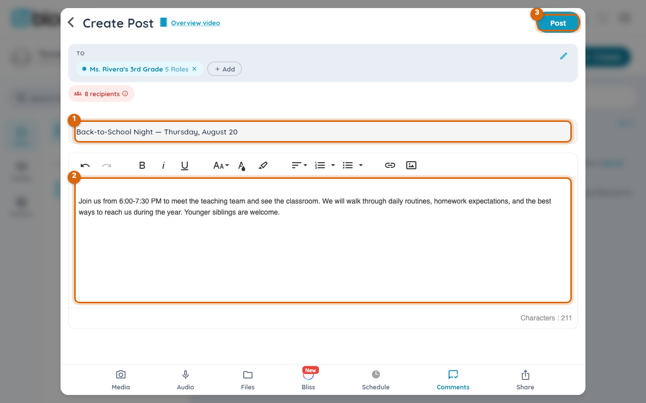 The post composer with a title and message filled in, and the Post button marked
