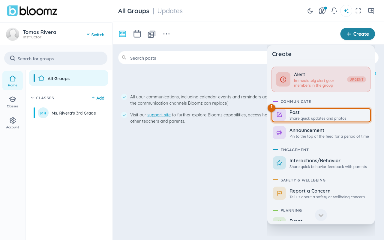 The Create menu open, showing Post, Announcement and the other things you can create