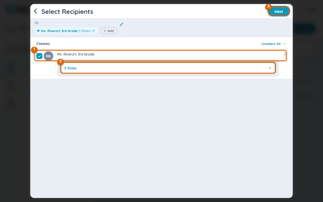 The Select Recipients screen with a class chosen, its role selector, and the Next button marked