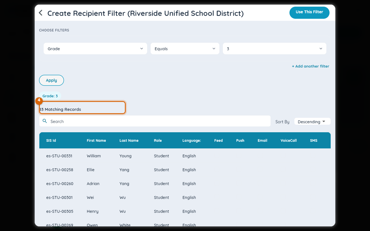After Apply: chips for each condition, a matching-record count, and a full results table