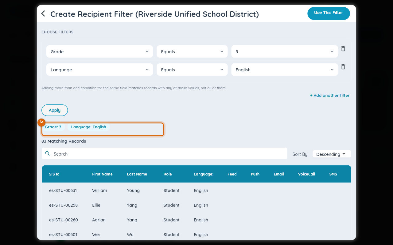 Both conditions applied together, with their combined matching-records table