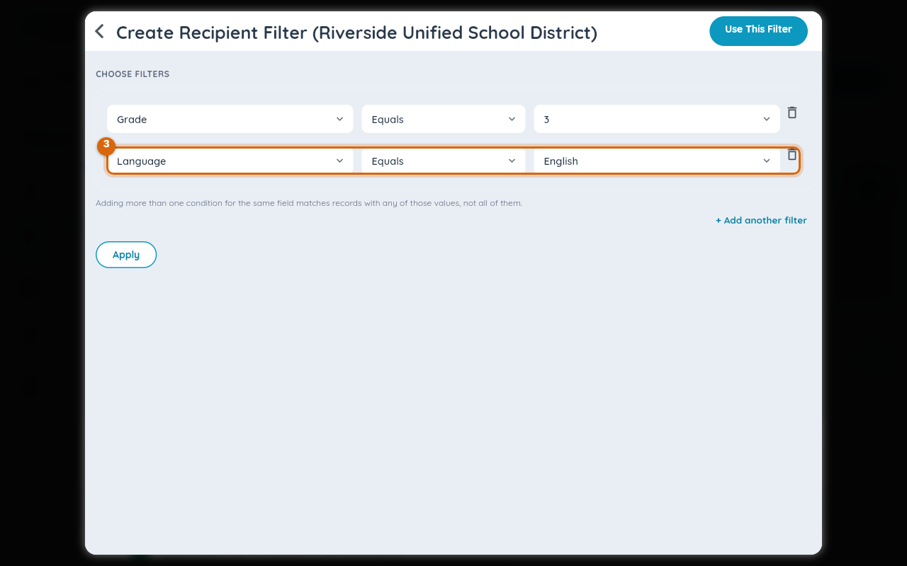 A second row added: Language / Equals / English, alongside Grade / Equals / 3