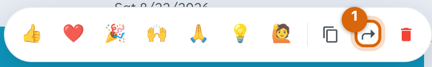 Close-up of a message's hover action row, with the Forward icon marked