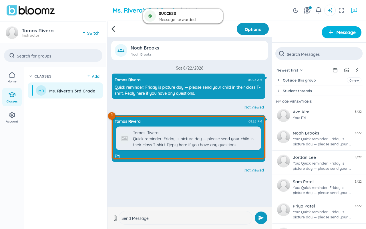 The destination conversation showing the forwarded message as a preview card with a note beneath it