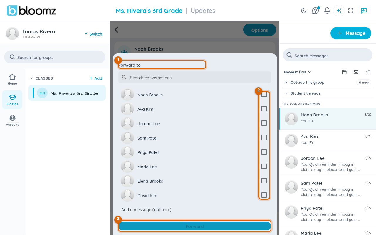 The Forward to sheet listing conversations, with the search field at the top