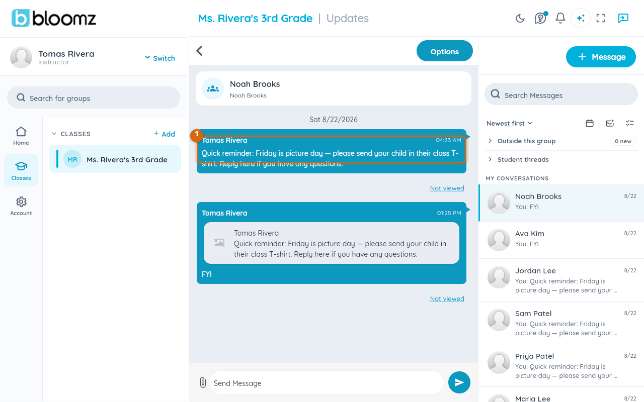 An open conversation with the message to forward visible