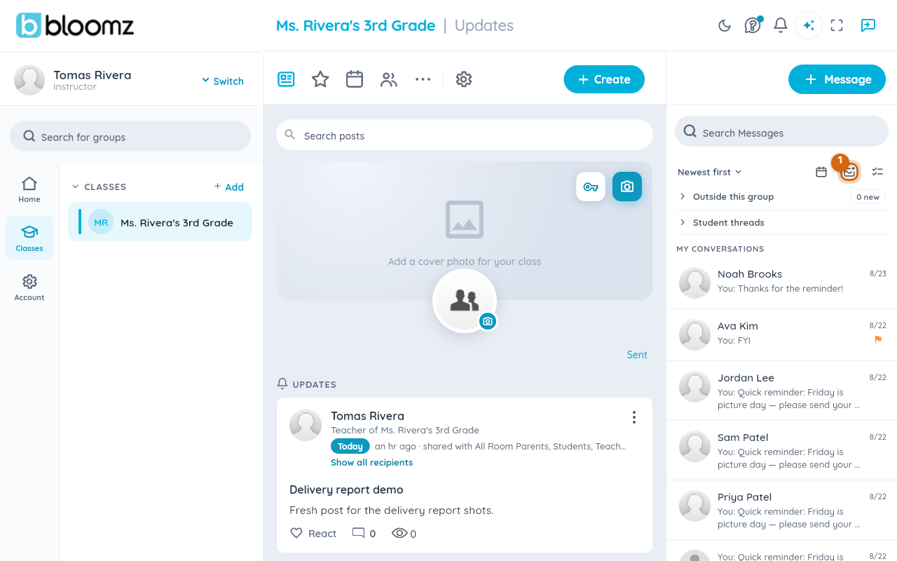 The unread toggle switched back off, restoring the full class-scoped conversation list