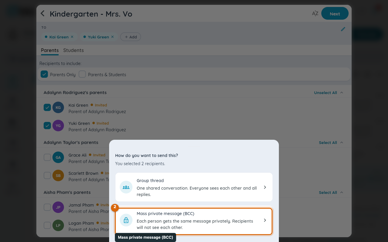The send-mode chooser showing Group thread and Mass private message (BCC) options