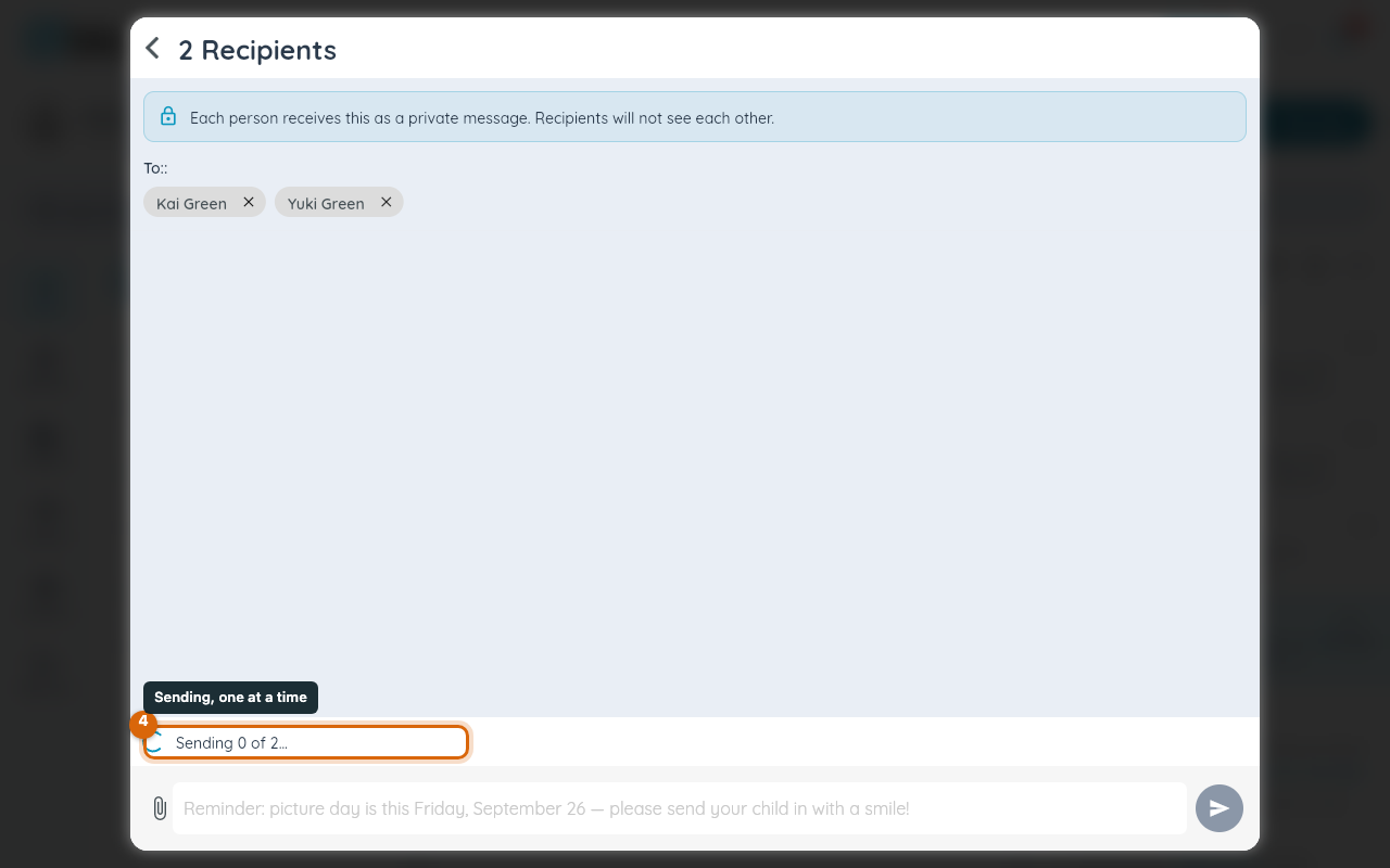 The mass message send progress showing how many of the total have been sent