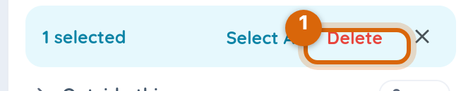 Close-up of the selection bar with the selected count, Select all, Delete and the close X