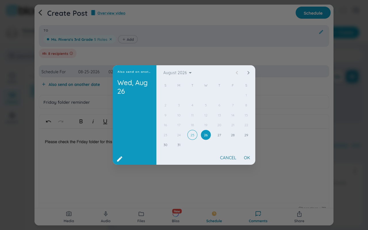 The date and time picker opened for staging an extra send date