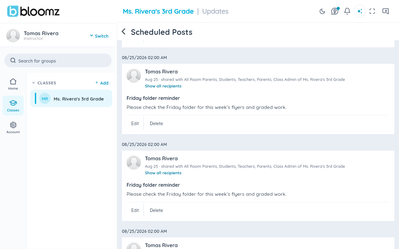 The Scheduled Posts screen listing the same post twice, once for each staged date, as independent entries