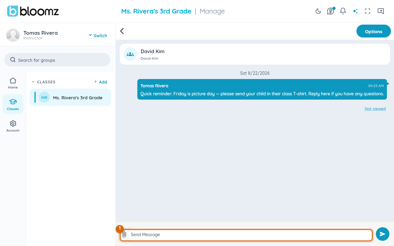 A direct one-to-one conversation opened with the selected parent, with the message box ready below