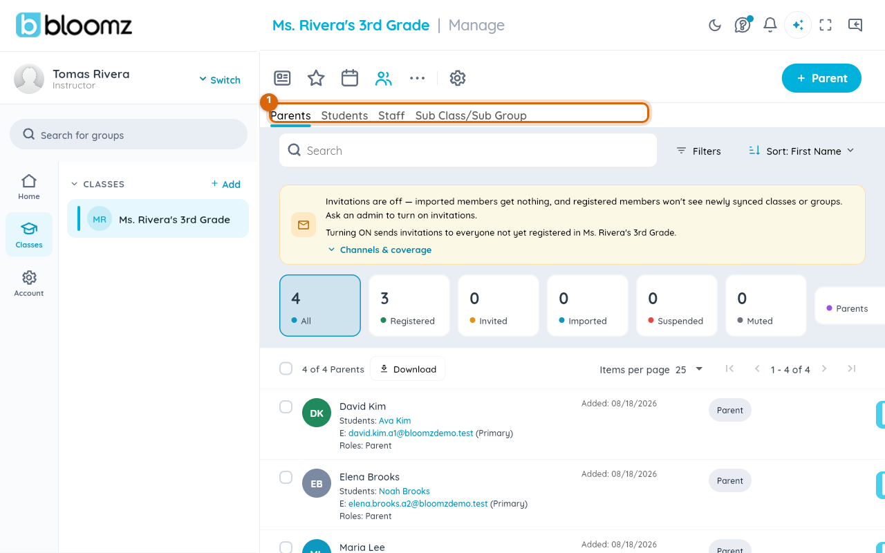 The class roster (Manage view), Parents tab, listing each family with their students and contact info