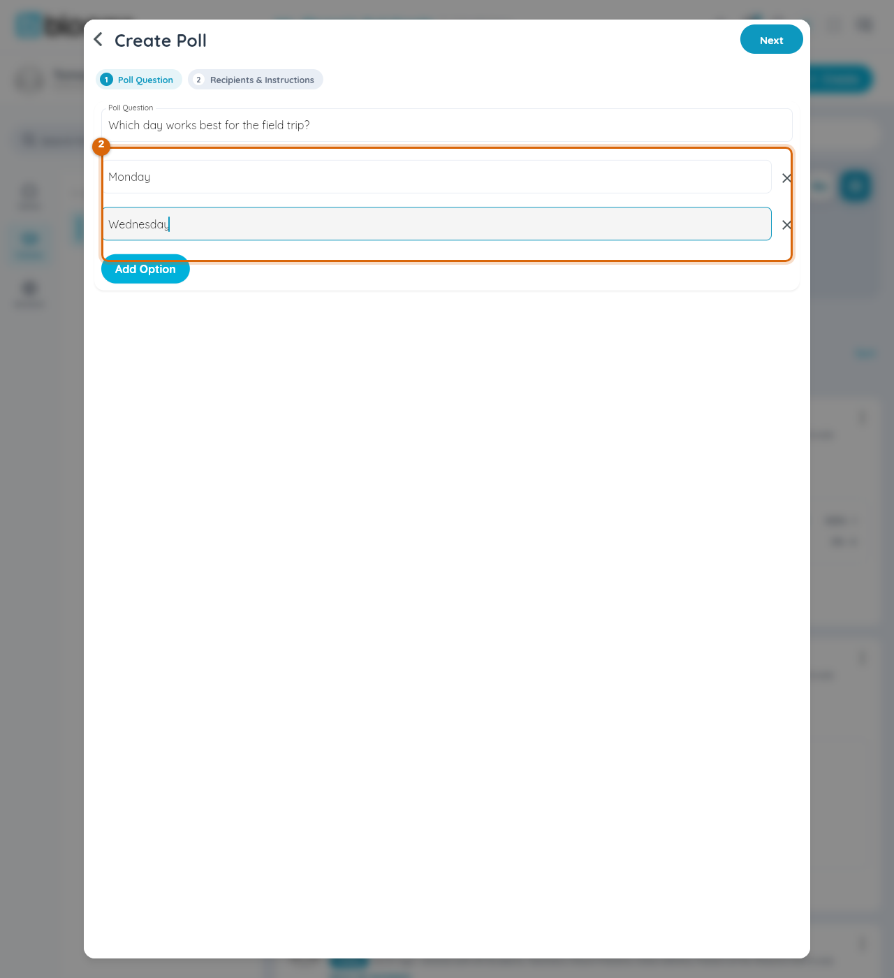 The Create Poll screen's Poll Question step, with two answer options filled in and the Add Option control below them