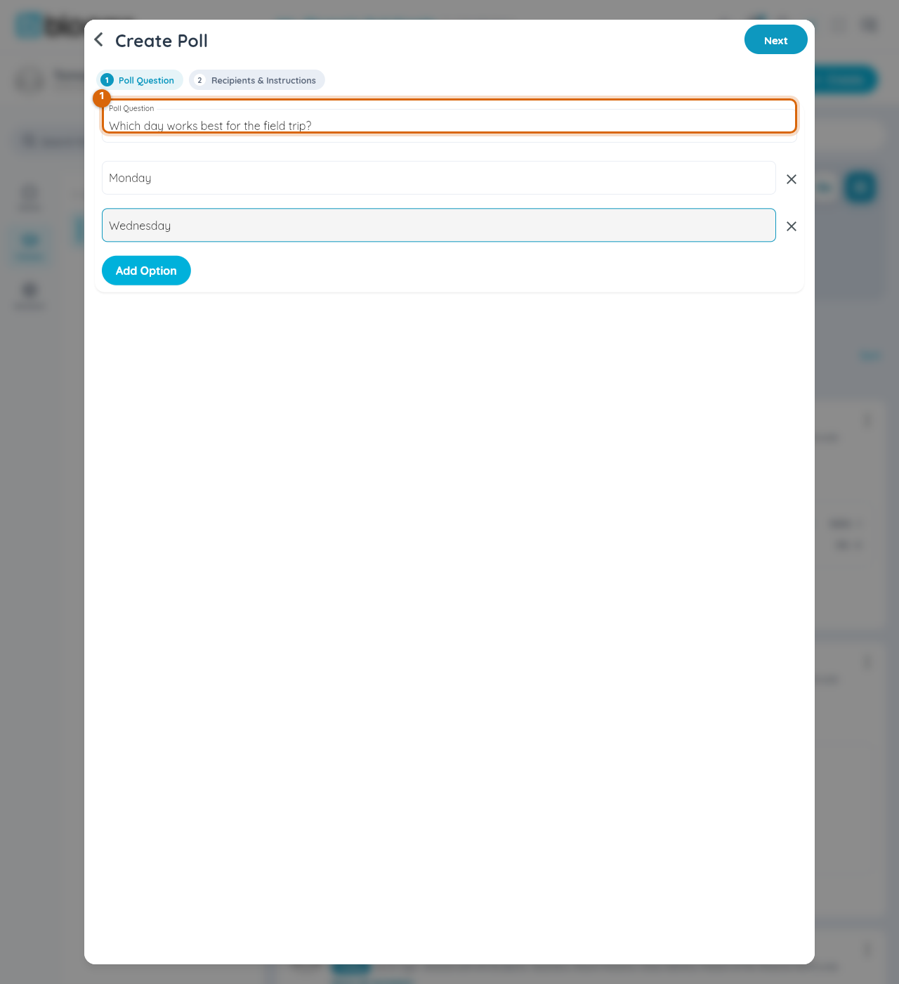 The Create Poll screen's Poll Question step, with the question filled in