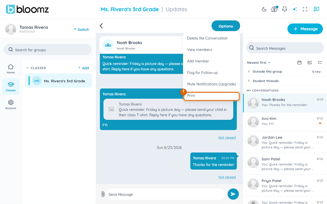 An open conversation's options menu showing Print among the choices