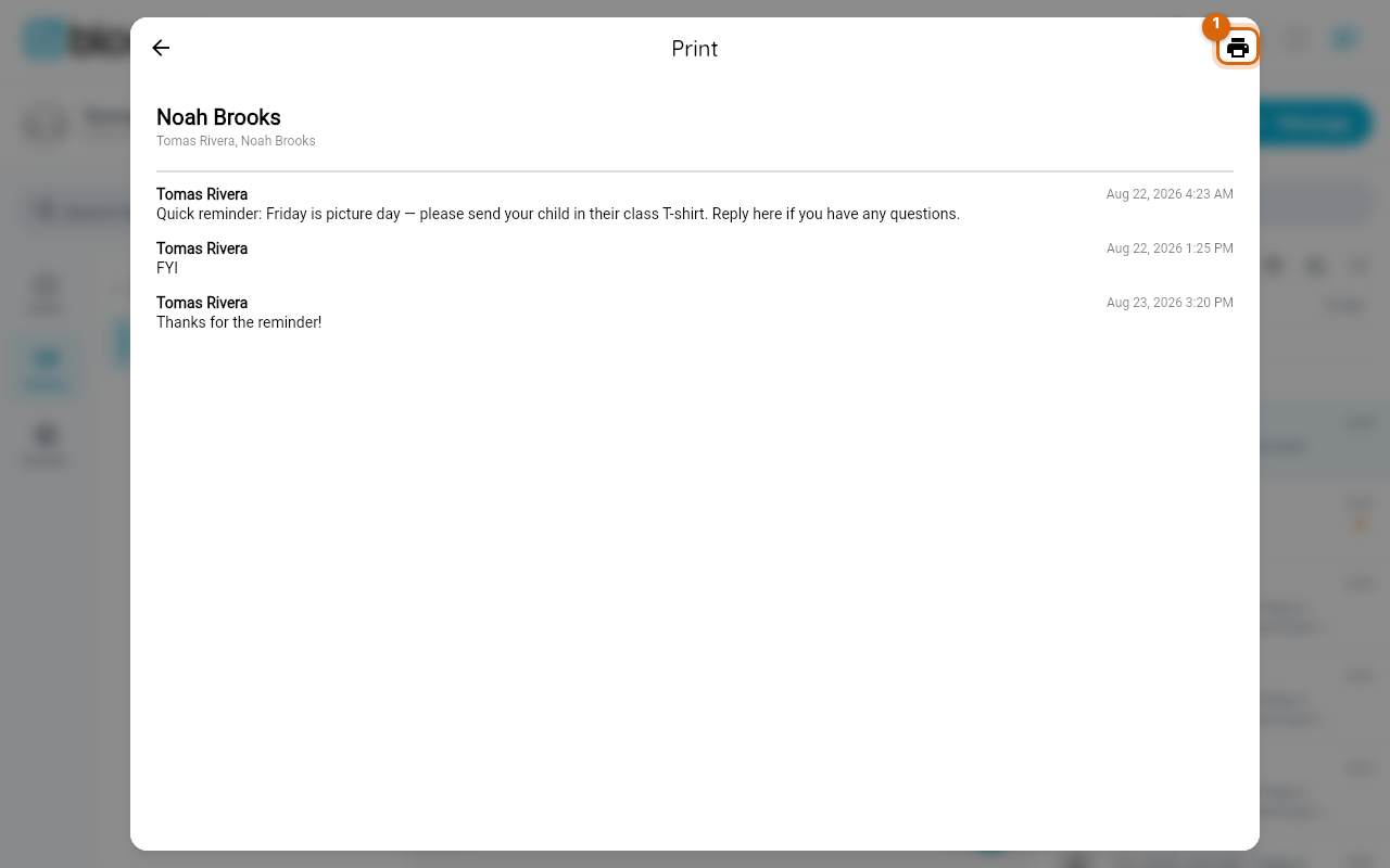 The formatted print view of the conversation, showing sender names, timestamps and message text with a print button