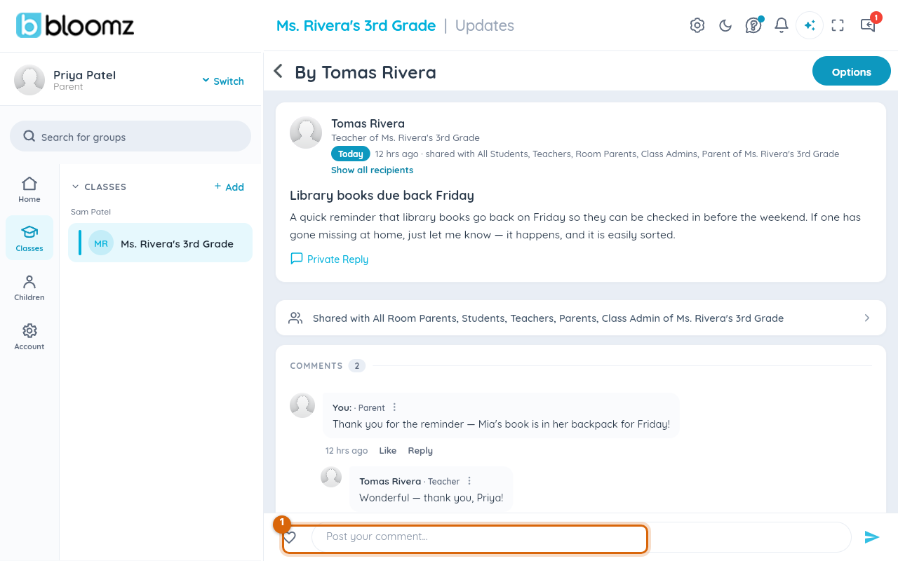 A post's detail screen with the comment list and the comment box at the bottom marked