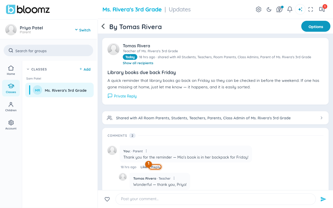 Close-up of a comment with its Reply option marked, and a reply indented beneath it