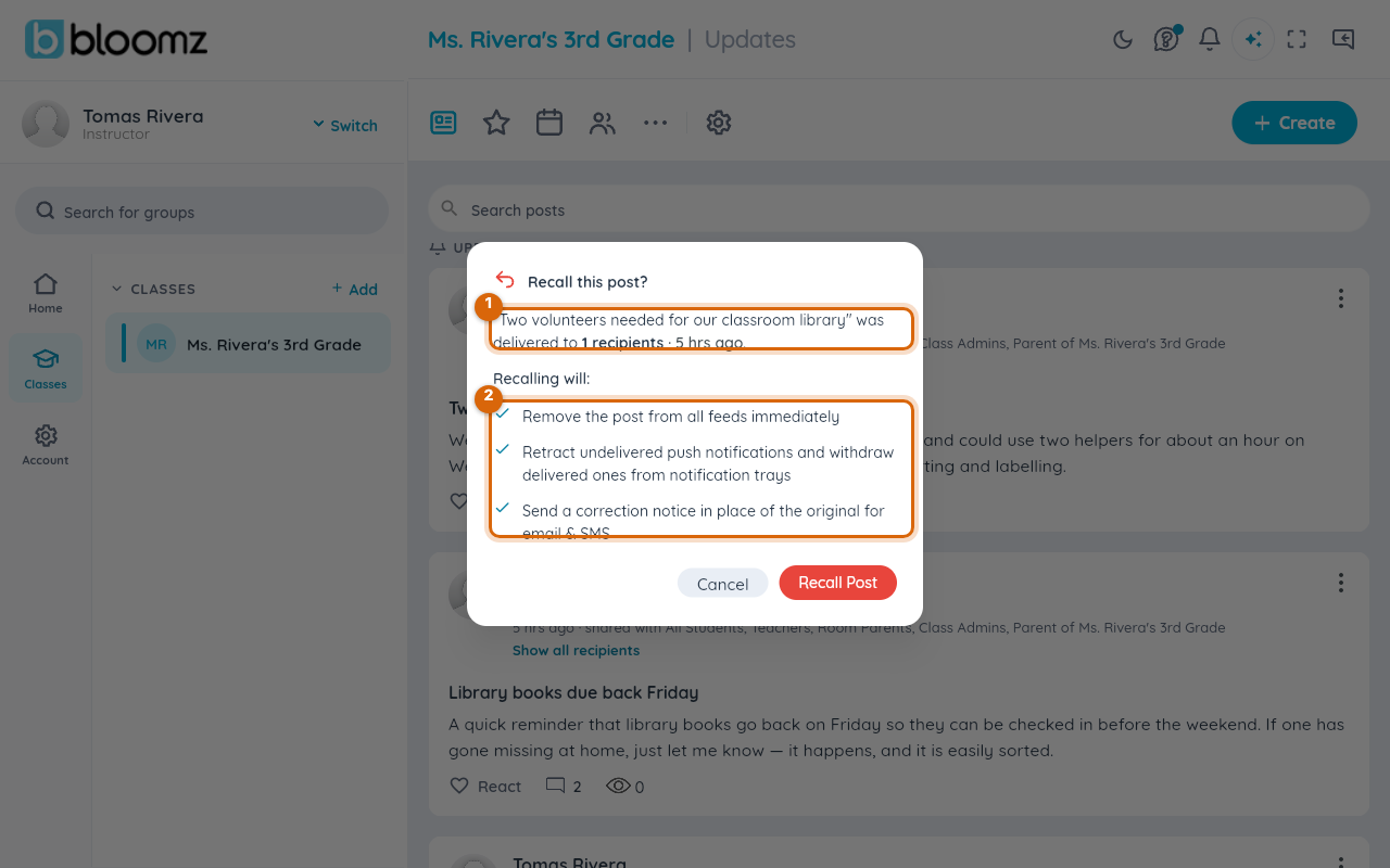 The recall confirmation dialog showing the post title, its recipient count, the list of what recalling will do, and the warning that already-opened emails cannot be unsent