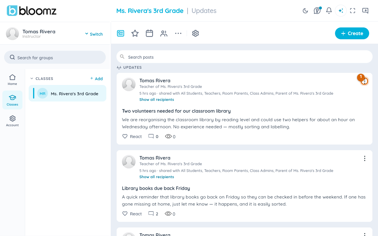 The Updates feed with one of your sent posts, and the post's options menu control marked on the card