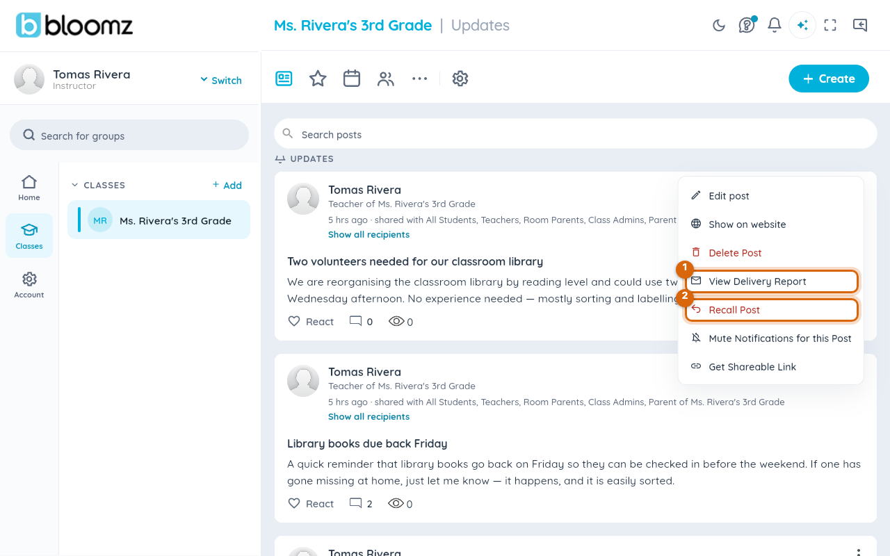 The post options menu open, showing View Delivery Report and Recall Post among the options