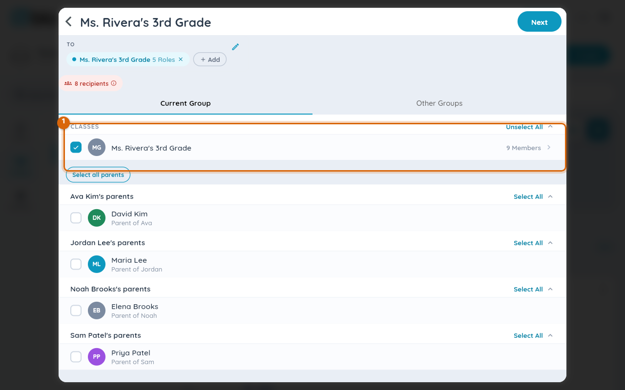 The Current Group tab, with the CLASSES section showing the ticked class, its member count, and the Select all parents shortcut