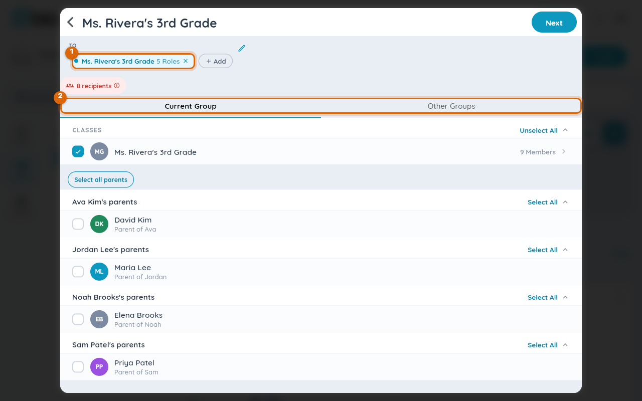 The recipient picker opened from the composer, showing the class already selected with its role count, and the Current Group and Other Groups tabs