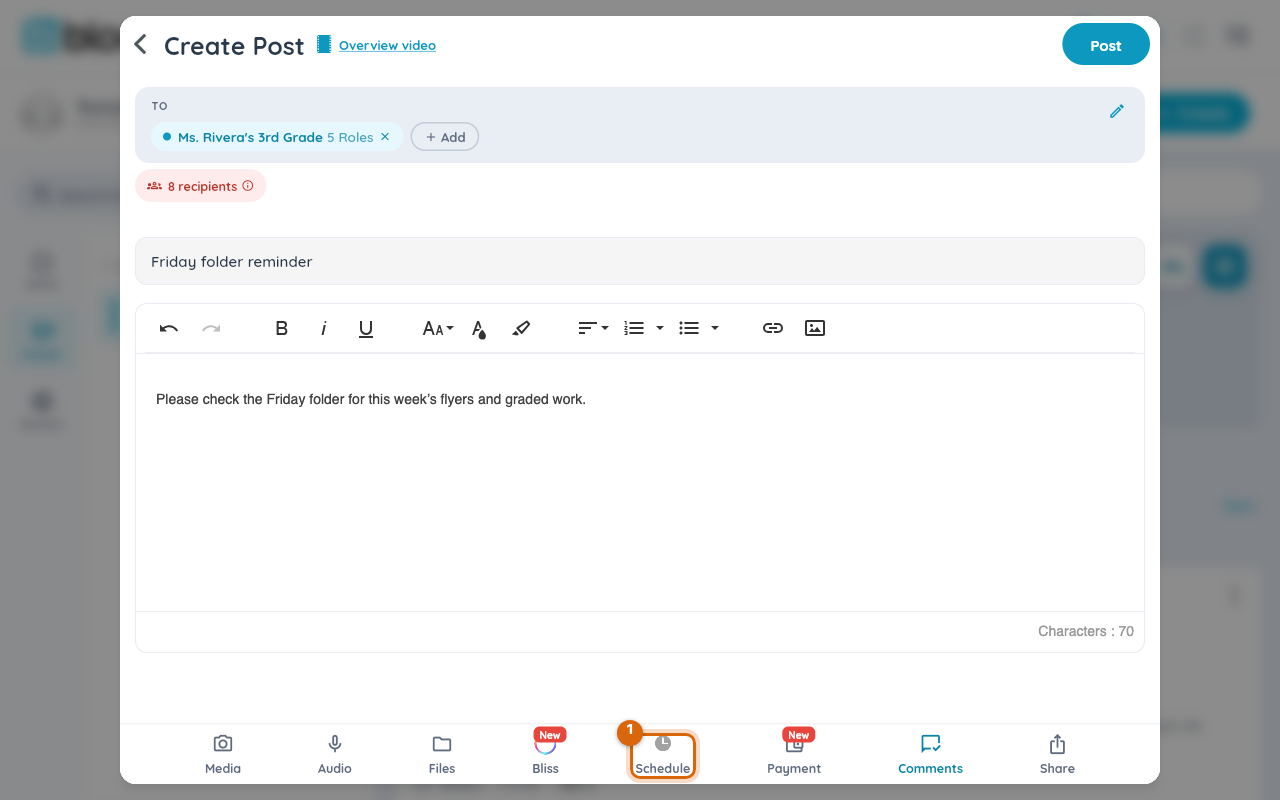 The post composer with a message written, and the Schedule option marked in the row along the bottom