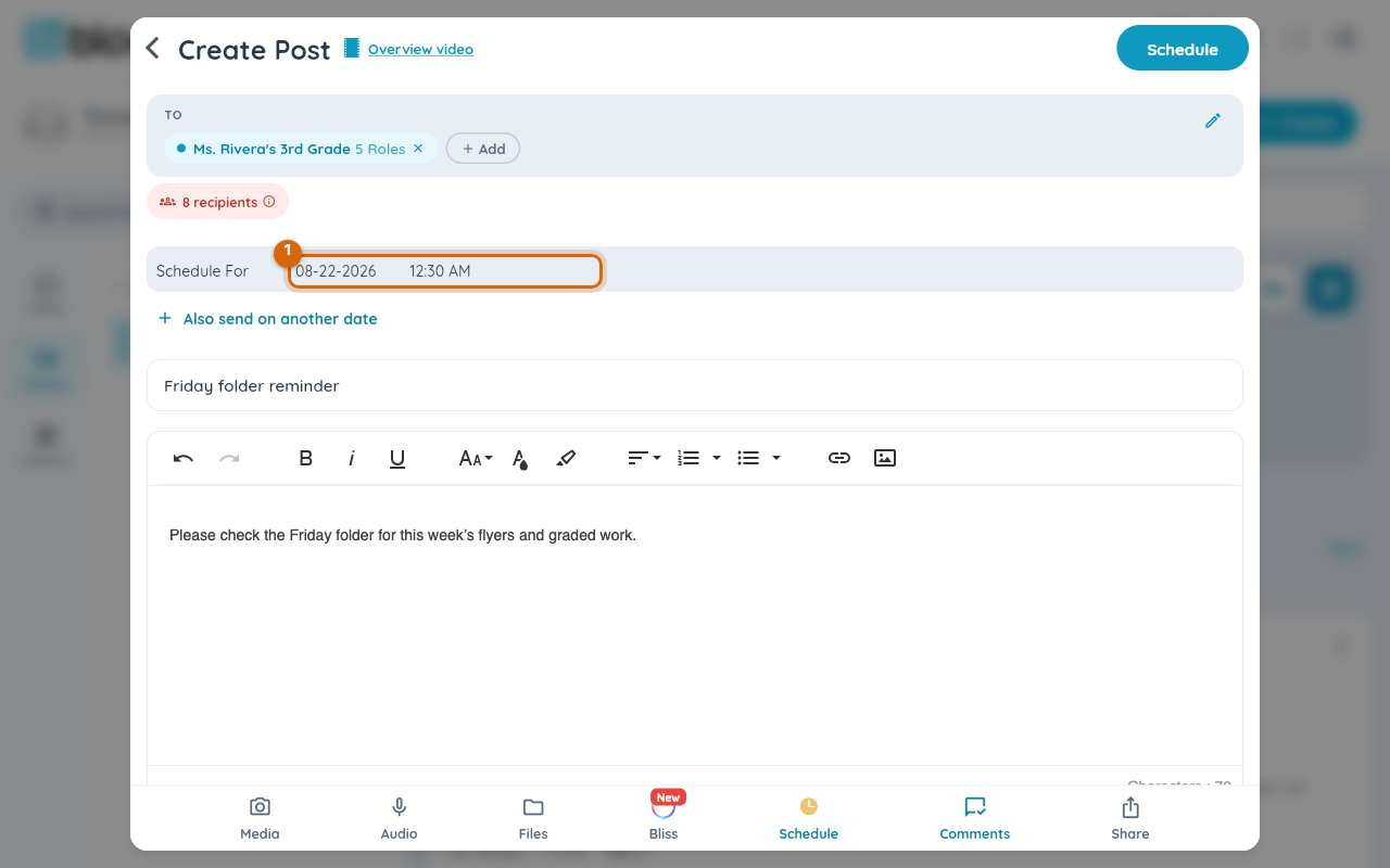The schedule settings showing the first send date and time chosen