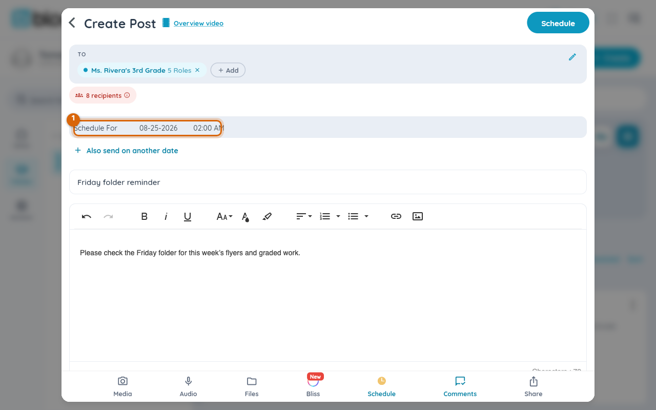 The Schedule For row showing the send date and time, above the Also send on another date link