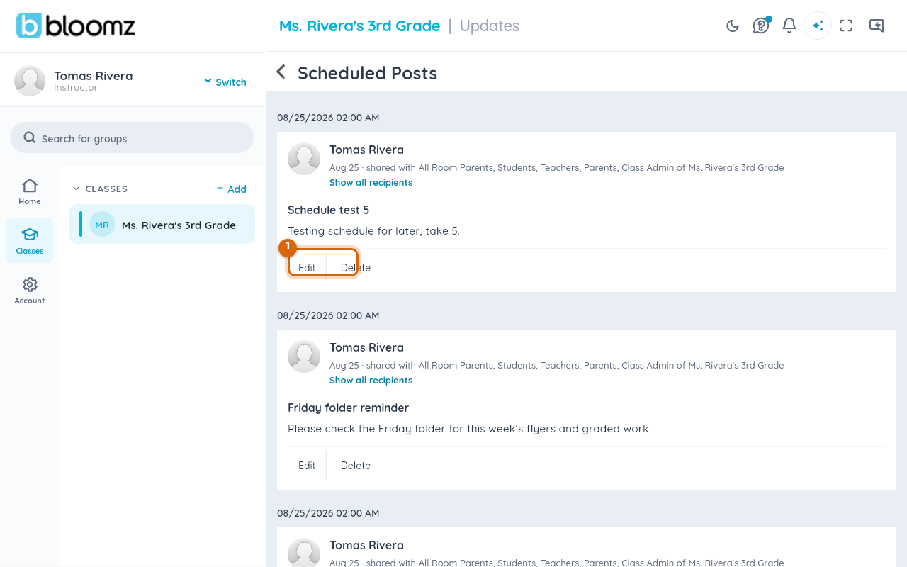 The Scheduled Posts list showing a scheduled post with its send date and Edit and Delete links