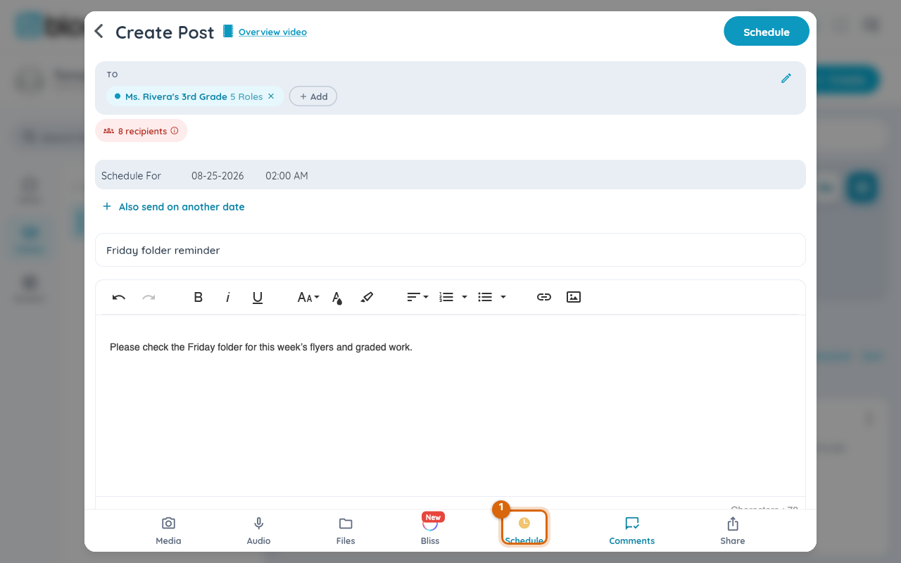 The post composer with a message written and the Schedule option marked in the bottom row, now toggled on