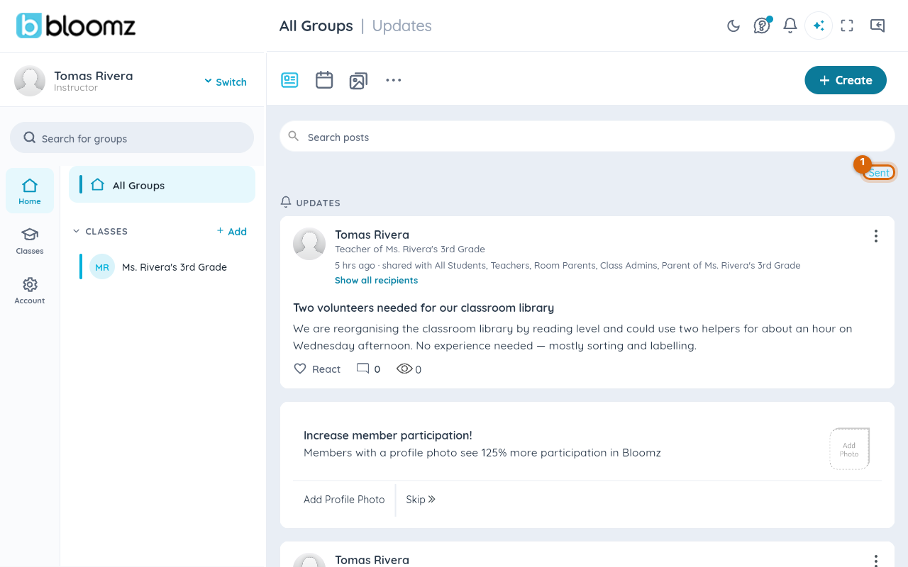 The Updates feed with the header row marked, showing the Drafts, Scheduled, and Sent links