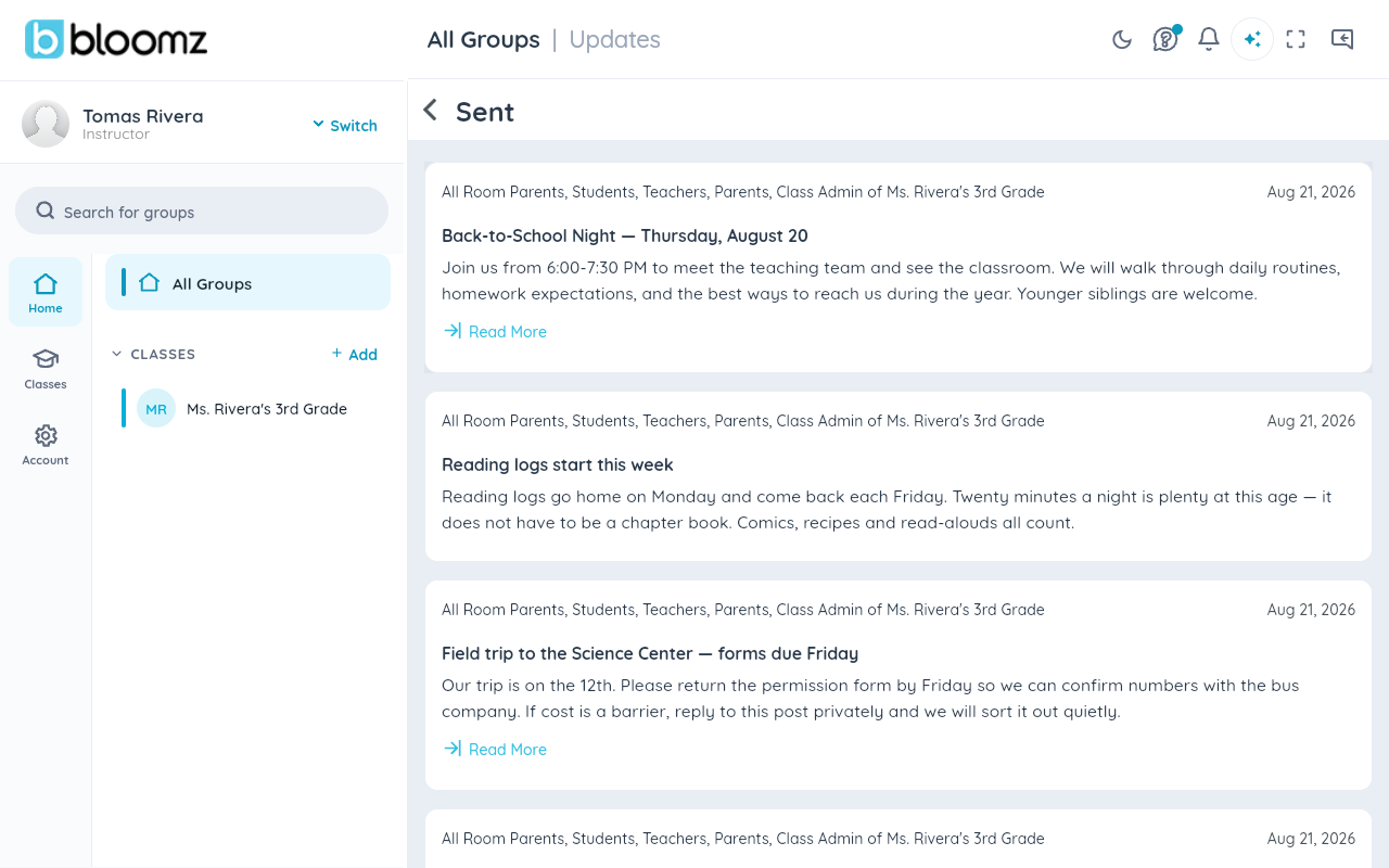 The Sent list showing posts and announcements, newest first, loading more as you scroll
