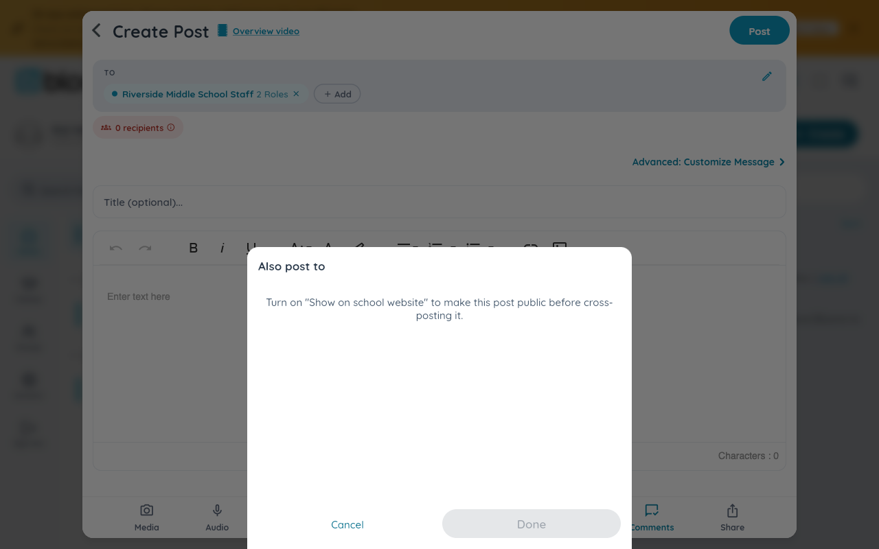 The Also post to dialog explaining that a post must show on the school website before it can be cross-posted
