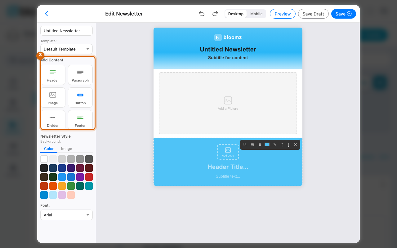 The drag-and-drop Studio block editor, with a Header block just added below the Image block, and the Add Content palette on the left
