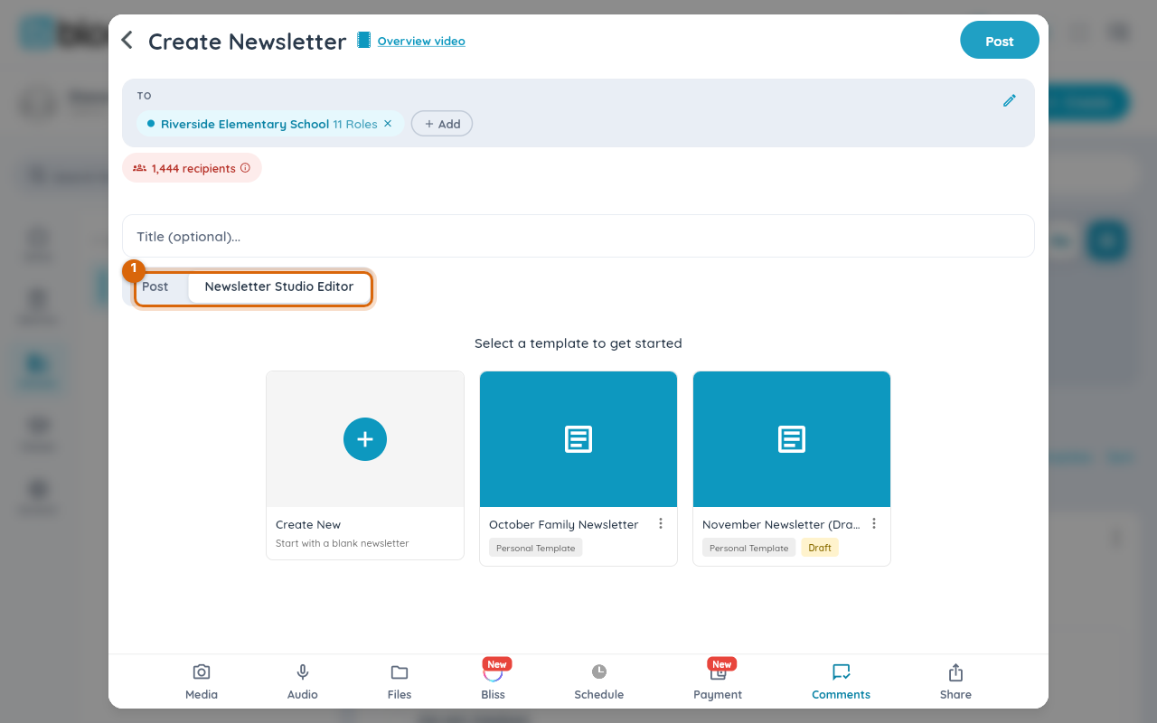 The Create Newsletter screen: recipients, an optional title, and a Post / Newsletter Studio Editor tab switch
