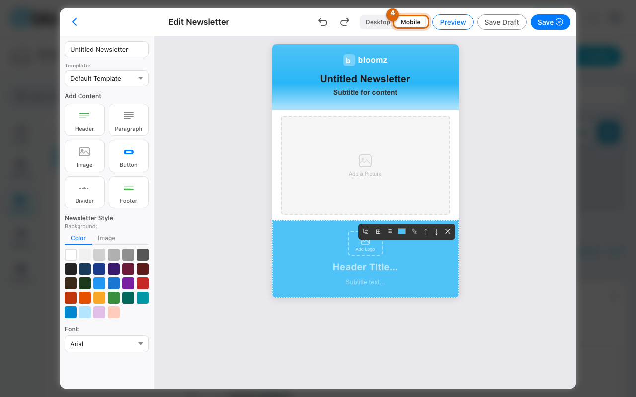 The Studio editor switched to the Mobile preview, narrowing the canvas to show how the newsletter renders on a phone
