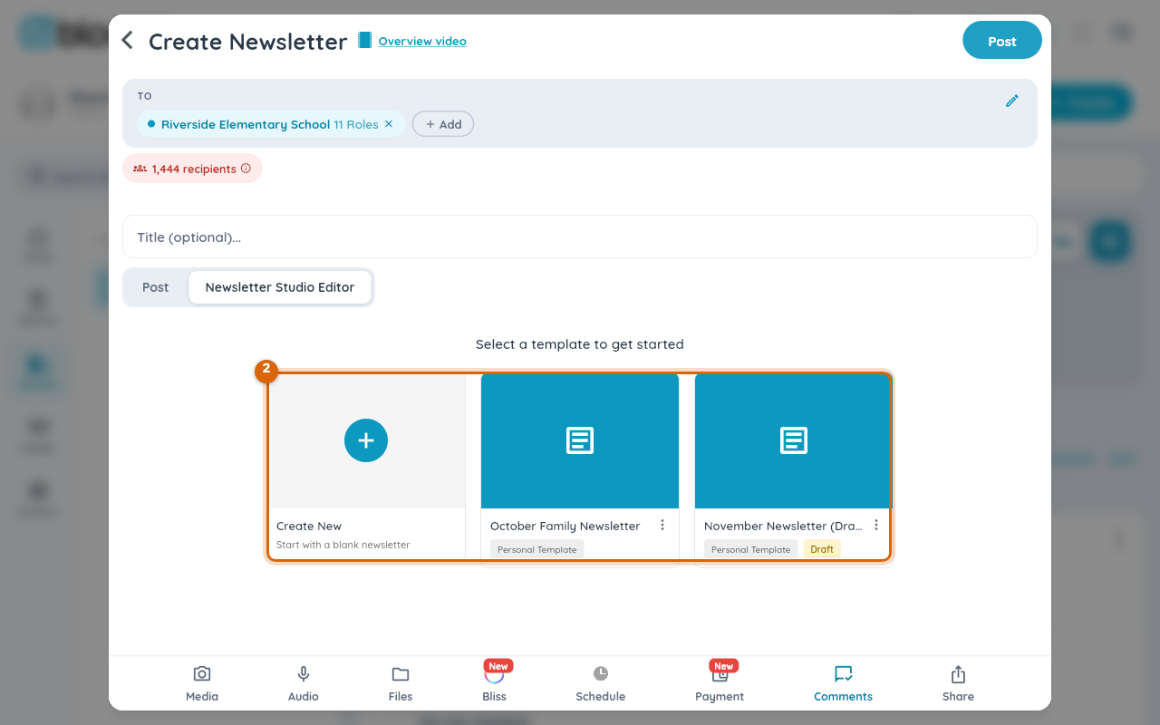 Template picker under Newsletter Studio Editor: Create New, plus any saved newsletter templates