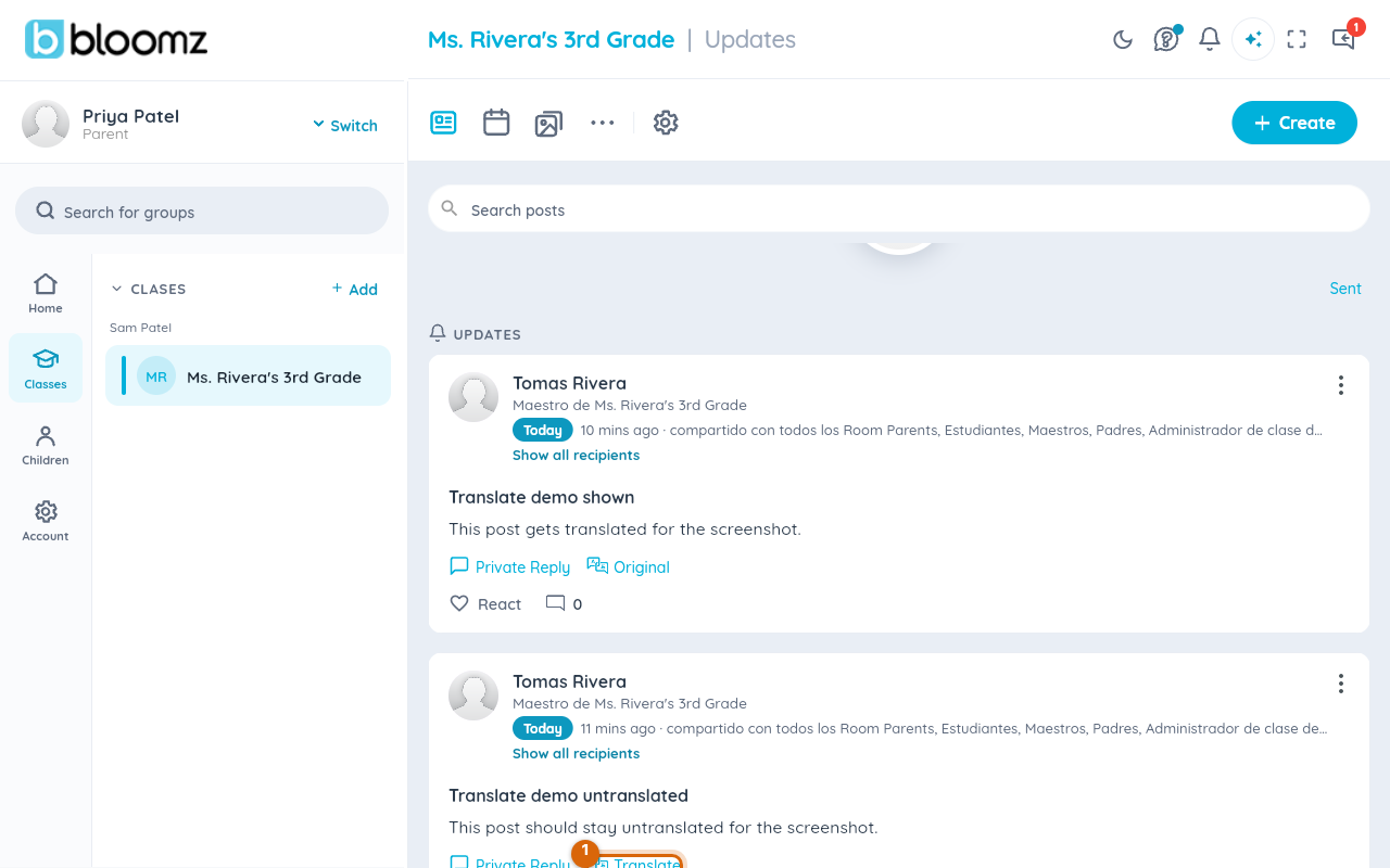 A post written in English with the Translate link shown beneath it, viewed by a parent whose content language is Spanish